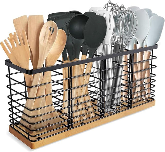 Suli Extra Large Kitchen Utensil Holder with 4 Compartments，Matte Black Metal holder with Wooden Base for Countertop，Farmhouse Utensil Organizer for counter, Rustic Cooking Utensil