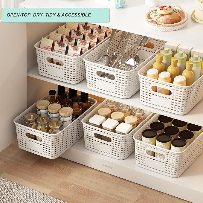 Plastic Storage Basket for Organizing 12 Pack Small Storage Bins Container for Shelves, White Shelf Baskets with Handles for Organization