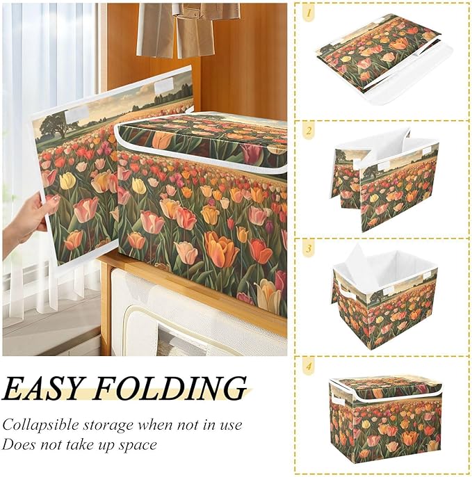 Collapsible Storage Bins with Lids Decorative Fabric Storage Cubes Closet Organizer and Storage Basket Boxes Containers for Clothes Box Chest Nursery Folding Rectangle Tulips Orange
