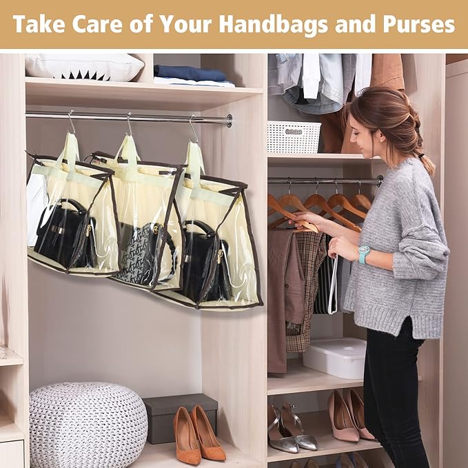 16 Pack Clear Handbag Storage Organizer and 16 Stainless Steel S-Hooks Anti-dust Purse Storage Bags with Zipper and Handle Moisture Proof Dust Cover Organizer Bags for Closet Hanging, 4 Assorted Sizes