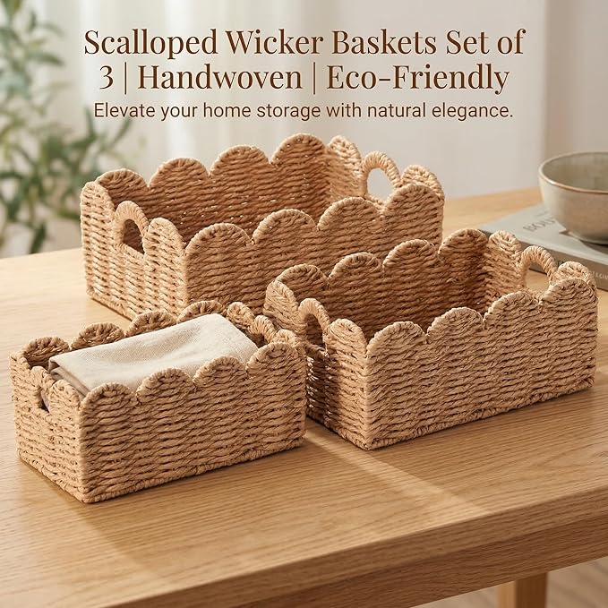 Scalloped Wicker Baskets, Set of 3 Hand-Woven Storage Baskets with Handles - Paper Rope Shelf Organizers & Decorative Baskets for Shelves, Closet, Bathroom (Tanï¼