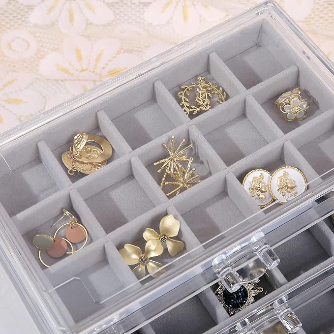 misaya Earring Jewelry Organizer with 5 Drawers, Birthday Present, Clear Acrylic Jewelry Box for Women, Velvet Earring Display Holder for Earrings Ring Bracelet Necklace, Gray