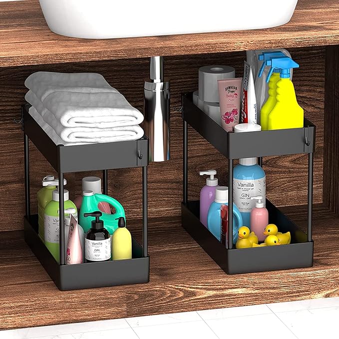 Under Sink Organizer, Under Bathroom Sink Storage 2 Tier Organizer Bath Collection Baskets with Hooks, Under Sink Shelf Organizer Rack, Multi-purpose Under Sink Storage for Bathroom Kitch(Color:Black)