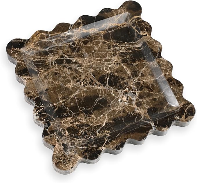 Elegant Square Marble Decorative Tray with Scalloped Edge Natural Stone Vanity Tray Organizer for Counter, Vanity, Dresser, Nightstand, Bathroom & Kitchen Sink(Dark Brown Net)