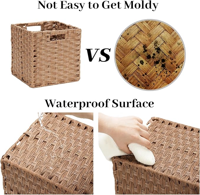 DULLEMELO Wicker Storage Cubes - Foldable Wicker Baskets Set of 4, 11x11x11 inch for Organizing Closet, Clothes, Toys - Brown