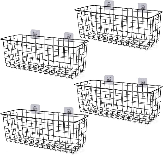 4 Pack Wire Storage Baskets Household Metal Wall-Mounted Containers Organizer Bins for Kitchen Bathroom Freezer Pantry Closet Laundry Room Cabinets Garage Shelf, Large
