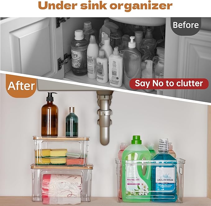 Goabroa Trash Bag Dispenser, 2 Pack Stackable Garbage Bag Holder with Bamboo Top, Clear Trash Bag Organizer Under Sink for Kitchen, Pantry, Cabinet, Laundry Room Storage and Organization