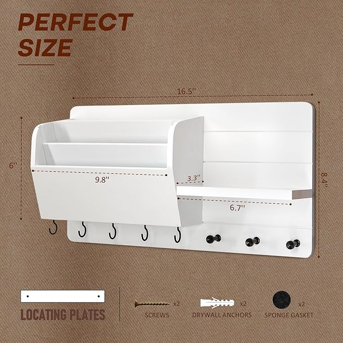 Rebee Vision Pine Wood Modern Key Holder Wall Mount for Home Decor - Mail Holder Wall Mounted with Shelf, Hooks & Mail Slot for Hanging - Rustic File Organizer for Living Room, Entryway (White)