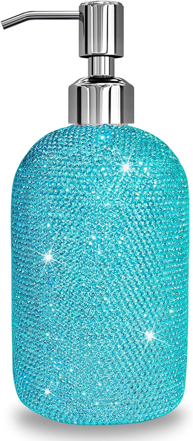SlowVibes 18Oz Bling Blue Soap Dispenser with Rust Proof Stainless Steel Pump,Refillable Liquid Hand Wash Bottle for Bathroom Kitchen,Sparkle Decorative Shower Dispenser,Rhinestone Lotion Dispenser