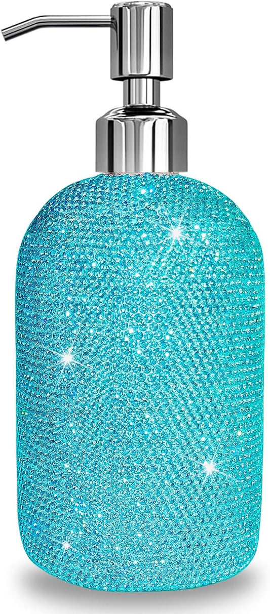 SlowVibes 18Oz Bling Blue Soap Dispenser with Rust Proof Stainless Steel Pump,Refillable Liquid Hand Wash Bottle for Bathroom Kitchen,Sparkle Decorative Shower Dispenser,Rhinestone Lotion Dispenser