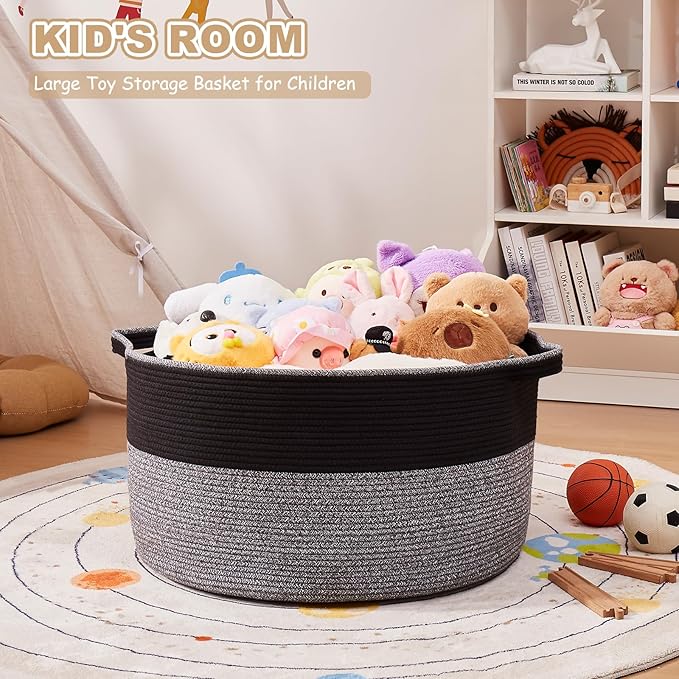 Large Blanket Basket with Handles, 22.8" x 22.8" x 13" Woven Storage Basket for Living Room, Cotton Rope Baby Toy Storage for Clothes, Pillows, Towels-Black and Grey
