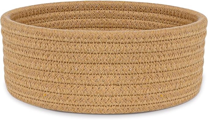 ABenkle Small Woven Basket, Empty Tiny Shallow Storage Basket, Mini Cotton Rope Baskets, Round Decorative Hamper, Basket Storage Bins for Toys, Spa, Socks, Nursery, Living Room- Brown