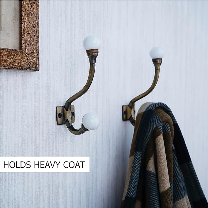 Indian Shelf Pack of 6 Heavy Duty Double Prong White Decorative Coat Hooks Unique Coat Rack Wall Mount Ceramic Wall Hooks for Hanging Towel Holder Backpack Purse Hanger- Style 8