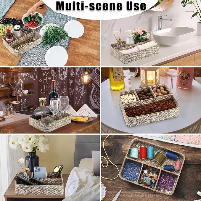 ELLDOO Tea Bag Organizer Tray, Sugar Packet Holder Coffee Pod Storage Condiment Organizer Seagrass Divided Basket for Pantry Coffee Bar Drawer Shelf Countertop, Whitewash