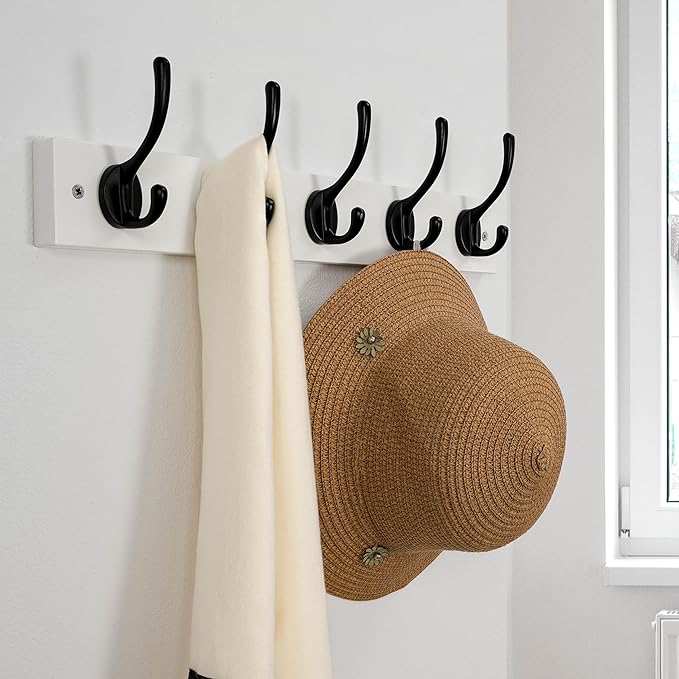 Dseap Wall Mounted Coat Rack: 16" Hole to Hole, Coat Hook Hanger with 5 Metal Hooks for Hanging Coats Towels Hats Clothes, White & Black, 2 Packs