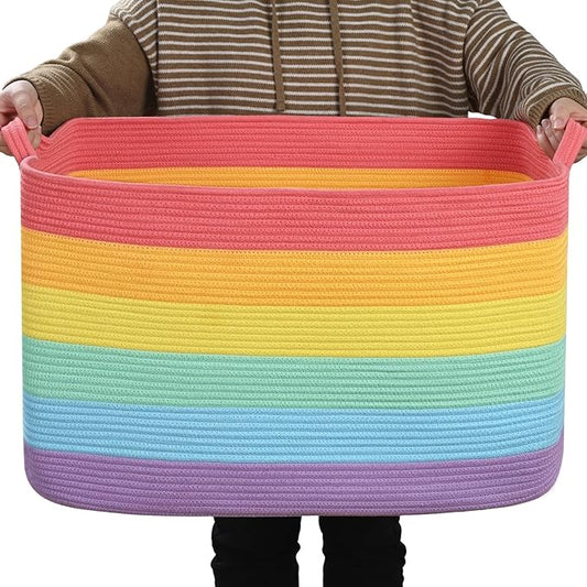 Large Blanket Basket, 100L Storage Baskets for Organizing, Woven Laundry Basket for Blankets, Cotton rope Blanket Storage for Living Room, Nursery Room, 24.8"L x 15.74"W x 15.74"H, Rainbow