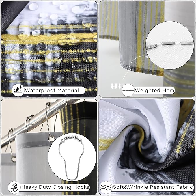 Black and Gold Bathroom Accessories Set, Bathroom Sets with Shower Curtain, Black Bathroom Accessories with Trash Can, Soap Dispenser, Soap Dish, Toilet Brush Holder, Qtip Holders for Bathroom