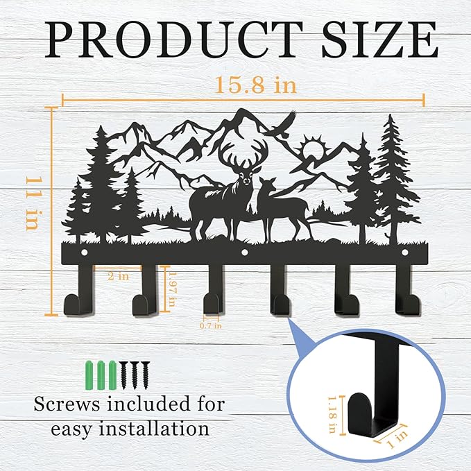 Metal Coat Rack Wall Mount with 6 Hooks, Decorative Hat & Coat Hooks for Entryway, Hallway, Living Room, and Towel Hooks for Bathroom (Deer)
