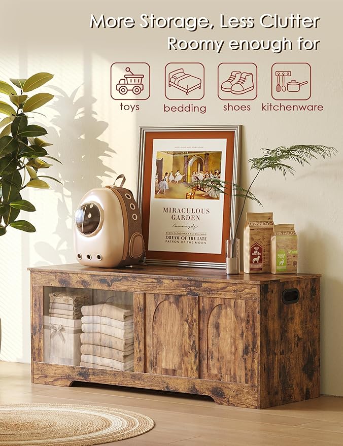 DINZI LVJ Storage Chest, 47.2âWooden Storage Box with 2 Safety Hinges, Entryway Shoe Bench with Flip-Top, Large Trunk for Living Room, Bedroom, Easy Assembly, Rustic Brown