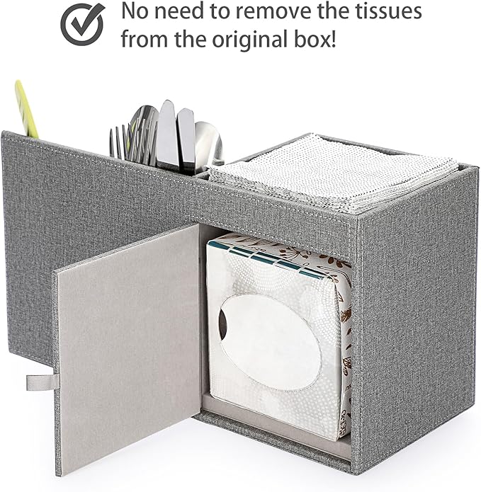 Sumnacon Square Linen Tissue Box Cover - Decorative Cube Tissue Cover with Side and Top Organizer, Modern Tissue Holder for Living Room Vanity Night Stand Table Countertop Office, Grey
