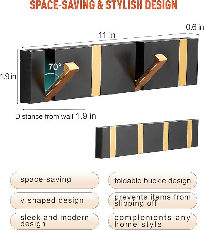 2 Pack，Elegant Black Gold Waterproof Wall Hooks, Foldable Towel Hooks for Bathrooms - Stylish Coat Hooks Wall Mounted-Ideal for Bathroom, Kitchen, Balcony Décor-Space-Saving Storage Solution