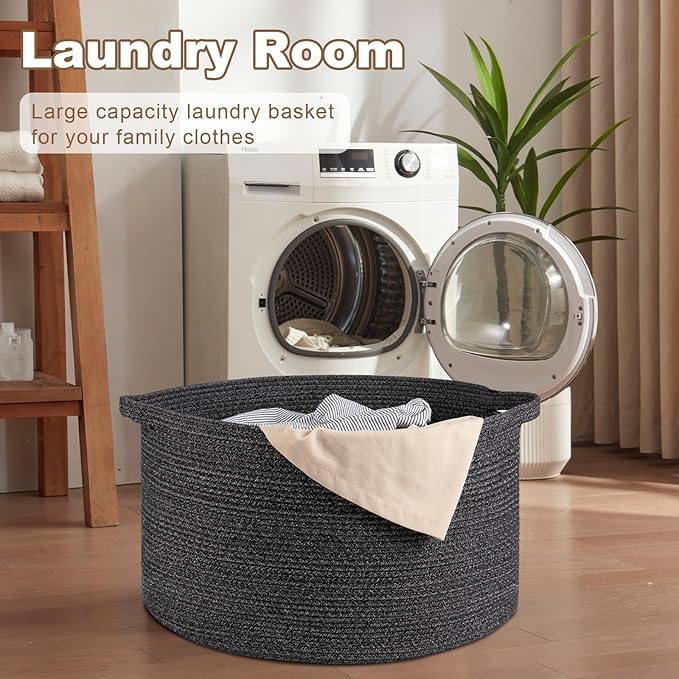 Large Woven Baskets for Storage, 23.6" x 23.6" x 14.6" Blanket Storage Living Room, Baby Toy Basket for Clothes, Pillows, Towels, Shoe Basket for Entryway (Black)