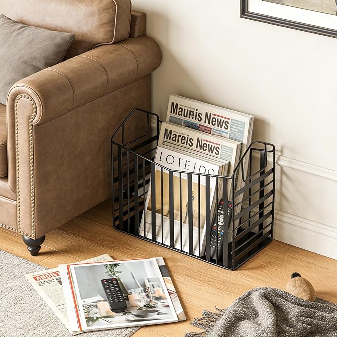 Metal Magazine Holder, Document File Rack with Handle, Newspaper Book Folder Mail Organizer Bin, Iron Wire Tablet Storage Basket Stand for Home Office Bathroom Bedroom Den Living Room, Black