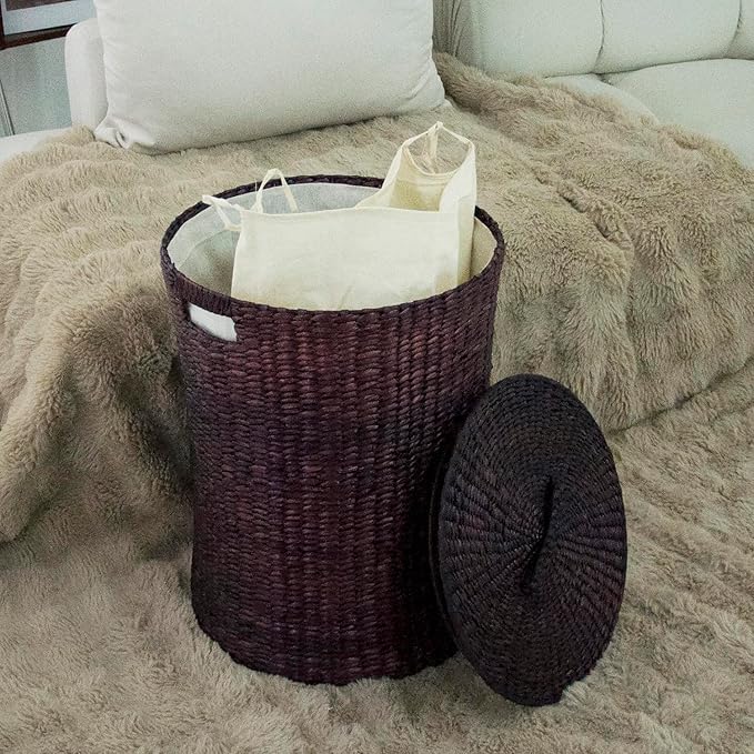 Hand-Woven Wicker Laundry Basket with Lid, 20 Gal (75 L) Large Laundry Hamper with Removable Liner for Laundry Room and Home Decor, Artisan Dark Coffee (21"H x 15.7"D)