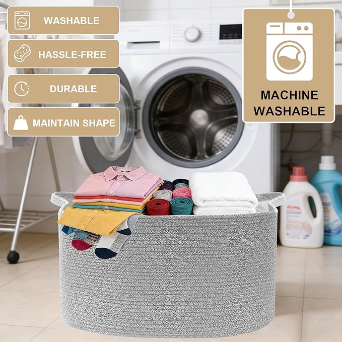 Magazine & Newspaper Baskets,65L Large Woven Rope Blanket Basket,21"x16"x12"Storage Bin with Handle,Toys Storage,Laundry Basket for Home Organization/Living Room/Nursery/Bedroom,Grey