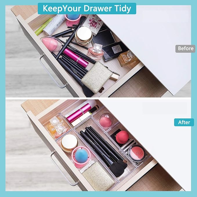 44 PCS Clear Drawer Organizers Set, 4 Size Versatile Bathroom and Vanity Organizer Trays, Cosmetic Display Cases for Makeup, Jewelries, Bedroom，Kitchen Utensils and Office