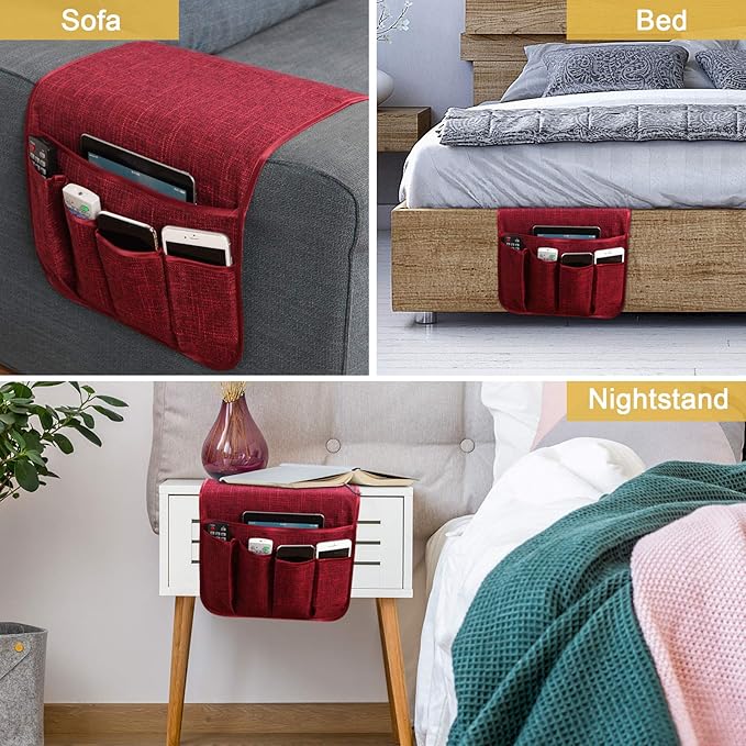 Sofa Armrest Organizer Non-Slip Remote Control Holders for Recliner Couch Chair Armchair Caddy with 5 Pockets for Table,Cell Phone,Ipad,Magazines,Books (13x35In, WineRed)