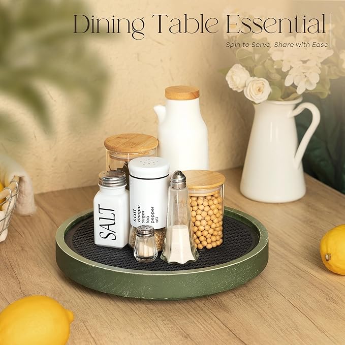 Pine Wood Non-Skid Lazy Susan for Table Top â 10.5" Lazy Susan Turntable for Cabinet, Kitchen Decor & Coffee Table - Ideal as a Spice Rack & Bathroom Tray with Rubber Mat (Green)