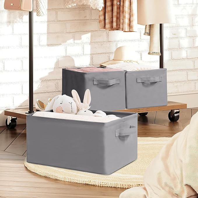 Storage Basket Bins with Metal Frame, Large Collapsible Fabric Storage Baskets for Organizing Shelf, Basket Organizer W/Handles for Blankets, Towels, Laundry, Shelves, 12-Pack, Grey