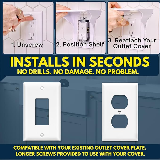 BeraTek Power Perch Wall Outlet Shelf with Cord Storage Strap - Declutter & Reclaim Counter Space - Alexa Holder, Charging Stand, Apple Homepod Mini Wall Mount - White, 1-Pack