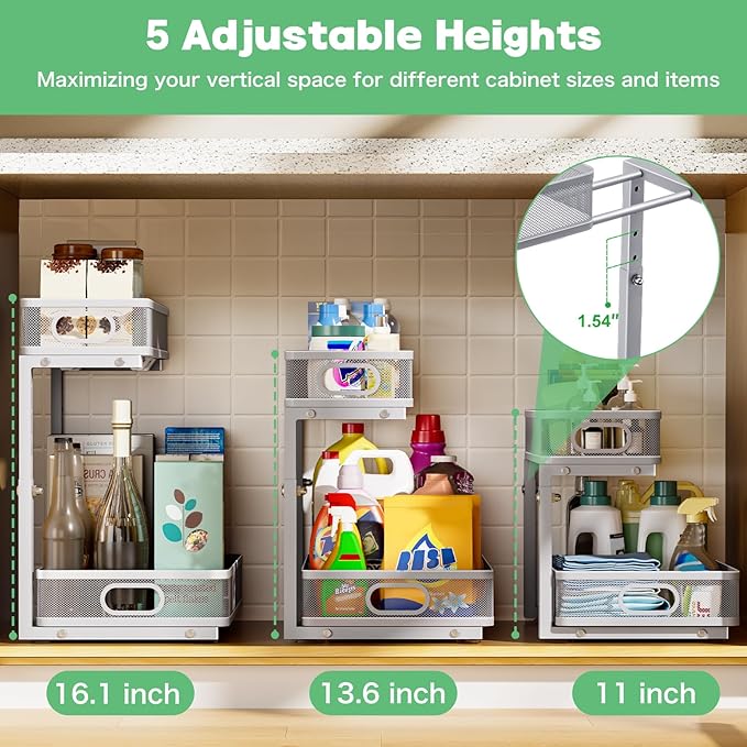 Under Sink Organizer, Height Adjustable 2 Tier Under Sink Organizers and Storage, Slide Out Metal Cabinet Organizers, Pull Out Sink Storage Drawer Shelf for Kitchen Bathroom Cabinet, Grey, 1 Pack