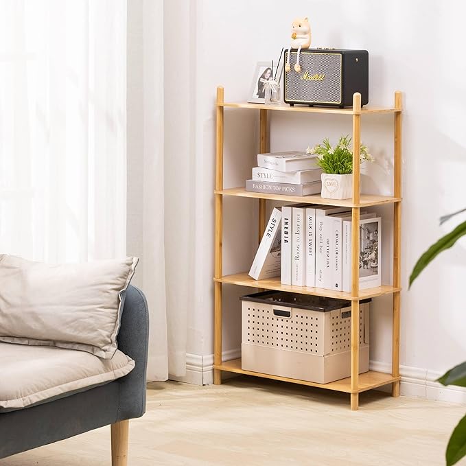 4-Tier Expandable Freestanding Open Bamboo Book Shelf - No-Tool Assembly & Modular,Bathroom Storage Shelf Unit Plant Stand for Small Space, Bedroom, Living Room, Home Office