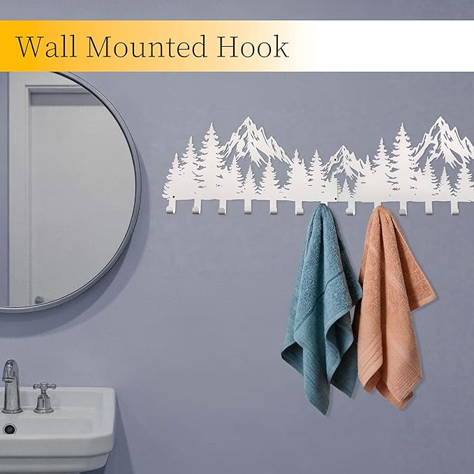 Large White Mountain Wall Mount with 14 Hooks, Decorative Forest Art Wall Hangerfor Cabin Entryway Front Door Bathroom Kitchen Office Home, Wall Mount Holder for Key Jacket Hat Bag Towel