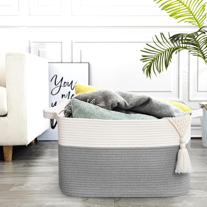 Large Blanket Basket, 60L Storage Baskets for Organizing, Woven Laundry Basket for Blankets, Cotton rope Blanket Storage for Living Room, Nursery Room, 19.7" L x 15.74" W x 11.8" H, Gray
