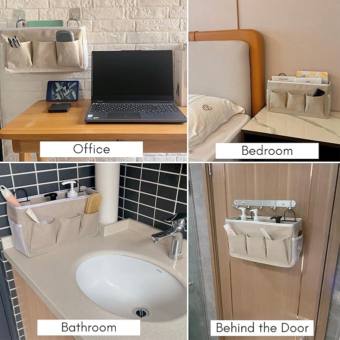 2pcs Light-Style Wall Hanging Storage Bag, Linen Fabric Door Hanging Organizer Baskets with Pockets, Waterproof Bin for Bedroom, Kitchen, Office, RV Camper (LightKaki-2pcs)