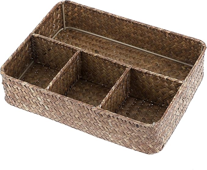 ELLDOO Tea Bag Organizer Tray, Sugar Packet Holder Coffee Pod Storage Condiment Organizer Seagrass Divided Basket for Pantry Drawer Shelf Countertop, Coffee