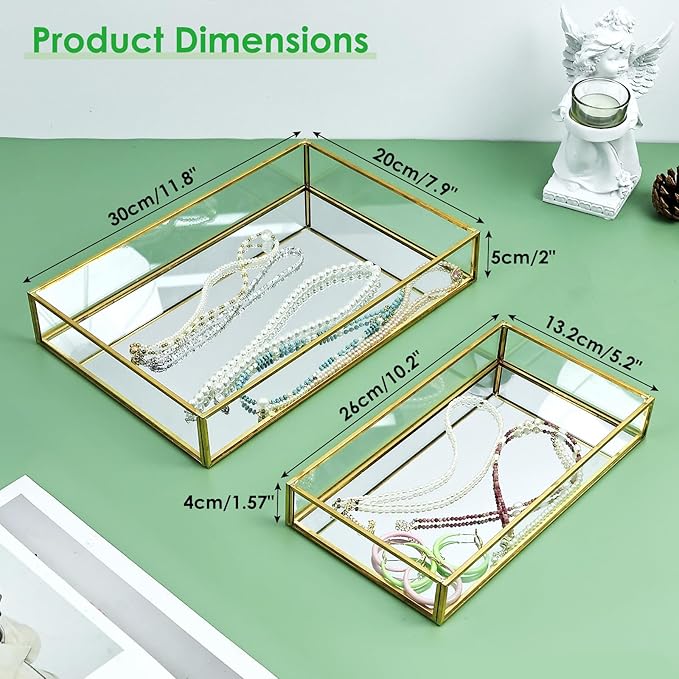 HighFree Rectangle Gold Mirror Tray, Decorative Glass Mirrored Vanity Tray for Perfume, Cosmetics, Makeup, Trinket, Jewelry (11.8x7.9x2)