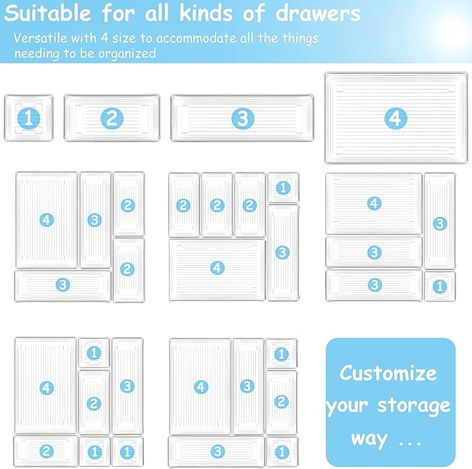 DCA 25 PCS Clear Plastic Drawer Organizer Tray, Bathroom Organizers and Storage Bins for Makeup, Kitchen Utensils, Jewelries, Gadgets, Office Desk