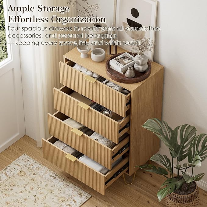 Masupu 4 Drawer Dresser, Drawer Chest, Tall Storage Dresser Chest Cabinet Organizer Unit with Gold Metal Legs, Nightstand for Bedroom, Living Room, Closet, Hallway Natural Stripe