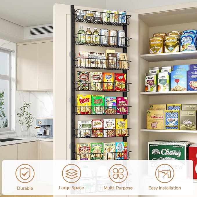 MIAOLI Over the Door Pantry Organizer, 10-Tier Adjustable Spice Rack Cabinet Door Shelves, Hanging Seasoning Organizer for Kitchen Bathroom, Laundry Room Organization, Black
