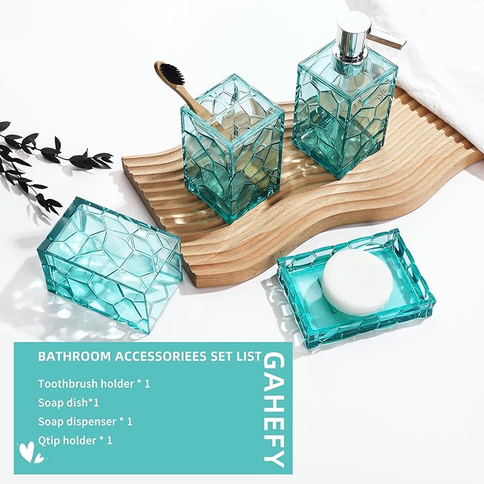 Teal Blue Beach Bathroom Accessories Set with Toothbrush Holder, Soap Dispenser, Tumbler, Soap Dish, Turquoise Bathroom Decor,Acrylic (Teal-4pcs)