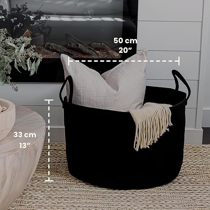OrganiHaus Large Woven Storage Basket for Blankets and Toys 20" x 13" Inch, Rope Laundry Basket with Handles, Cushions & Pillows Storage Bin, Nursery Hamper, Soft Round Dog Toy Bin - Black