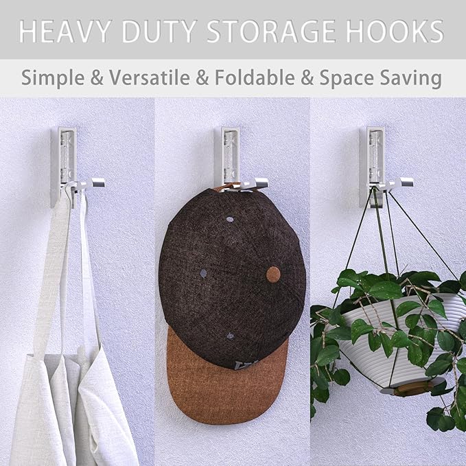 Wall Hooks for Hanging Coat, Heavy Duty Metal Hooks with Folding Storage Foldable Wall Hooks for Entryway Bathroom Kitchen Bags Towels Closet, 4Pcs Silver