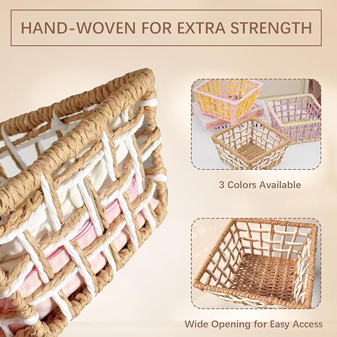 Woven Storage Basket, Rustic Farmhouse Decor, Multi-Purpose Organizer Bin, Countertop & Toilet Tank Basket for Home, Bedroom, Living Room, Entryway (Purple and Beige)