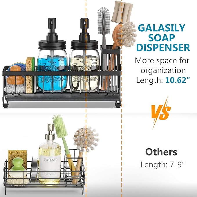 Mason Jar 16 oz Liquid Soap Dispensers Set with Large Kitchen Sink Caddy, Black Rustproof Stainless Steel Pump, Refill Hand Soap, Dish Soap, Vintage Farmhouse Decor for Bathroom, Kitchen