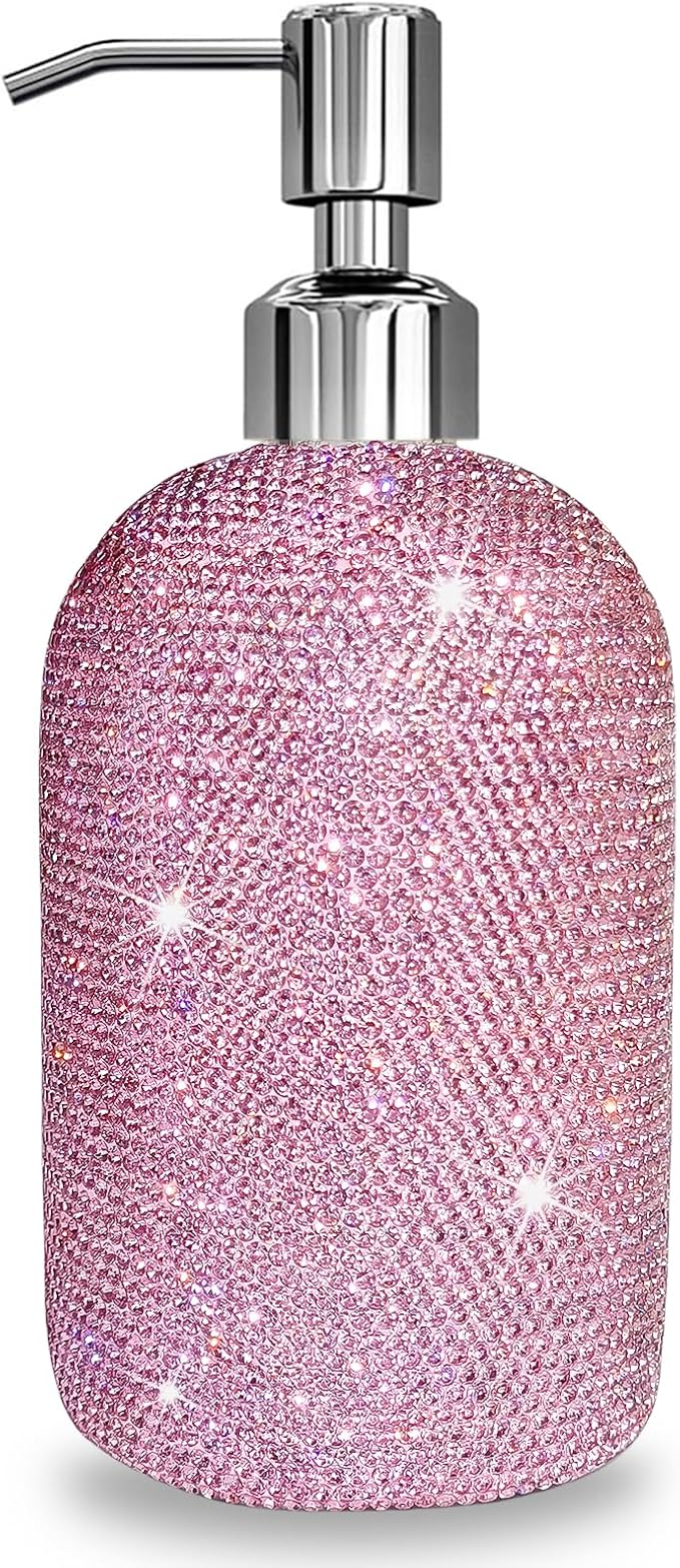 SlowVibes 18Oz Bling Pink Glass Soap Dispenser with Rust Proof Stainless Steel Pump,Refillable Liquid Hand Wash Bottle for Bathroom Kitchen,Sparkle Decorative Rhinestone Shower Lotion Dish Dispenser